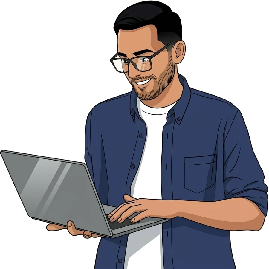 Illustration d'un développeur souriant travaillant sur son ordinateur portable